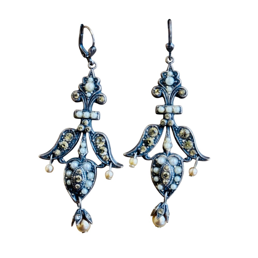 La Vie Parisienne Catherine Popesco Earrings Dangle France Pearl Crystal Pave
